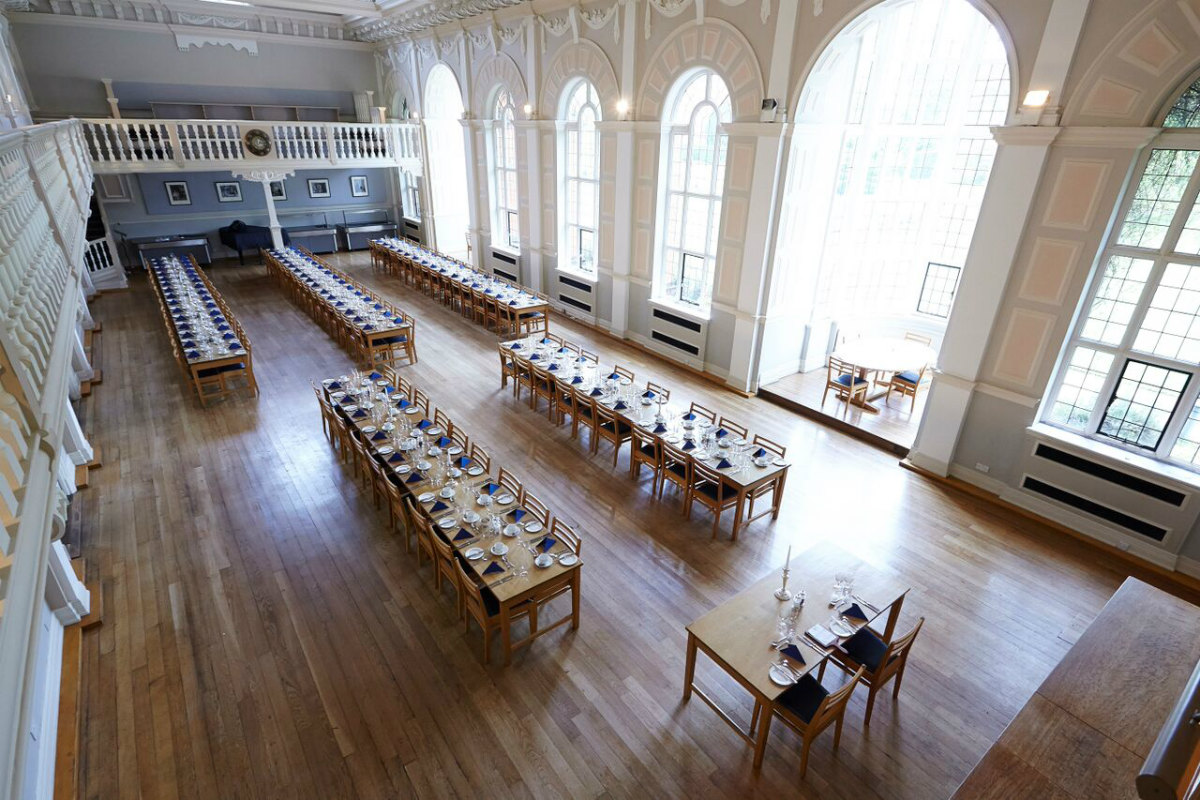 A photo of the College Hall set up for an event