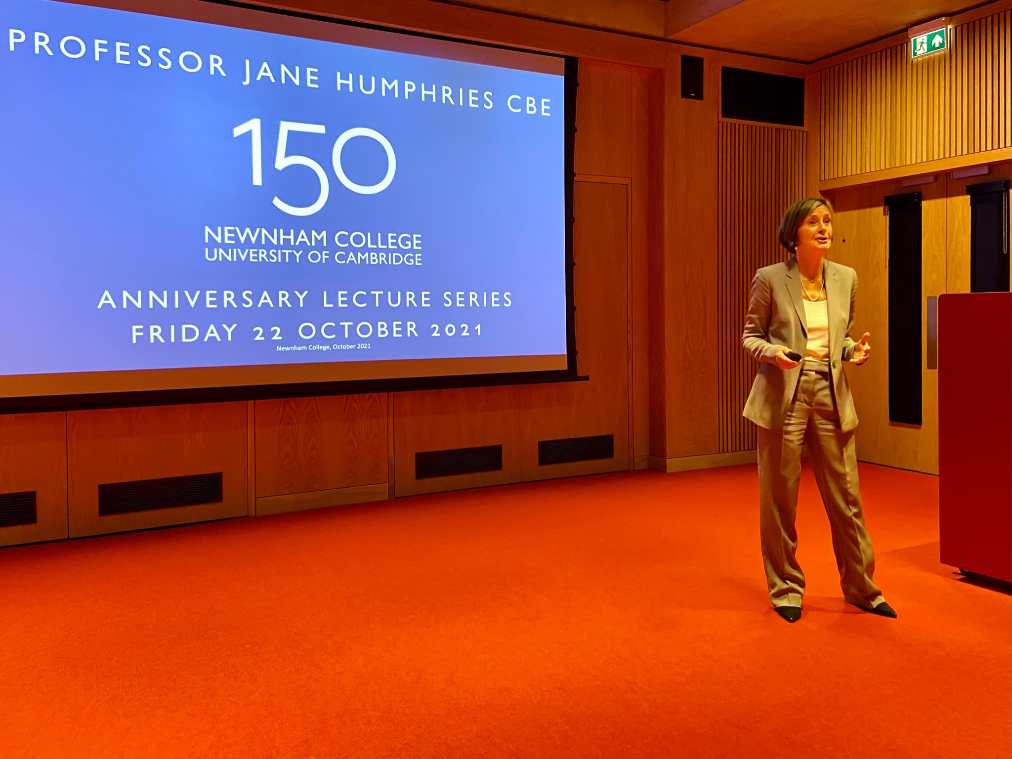 Prof Jane Humphries in lecture hall