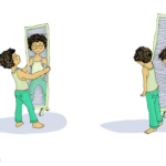 Child looks into a mirror; child looks away from a mirror