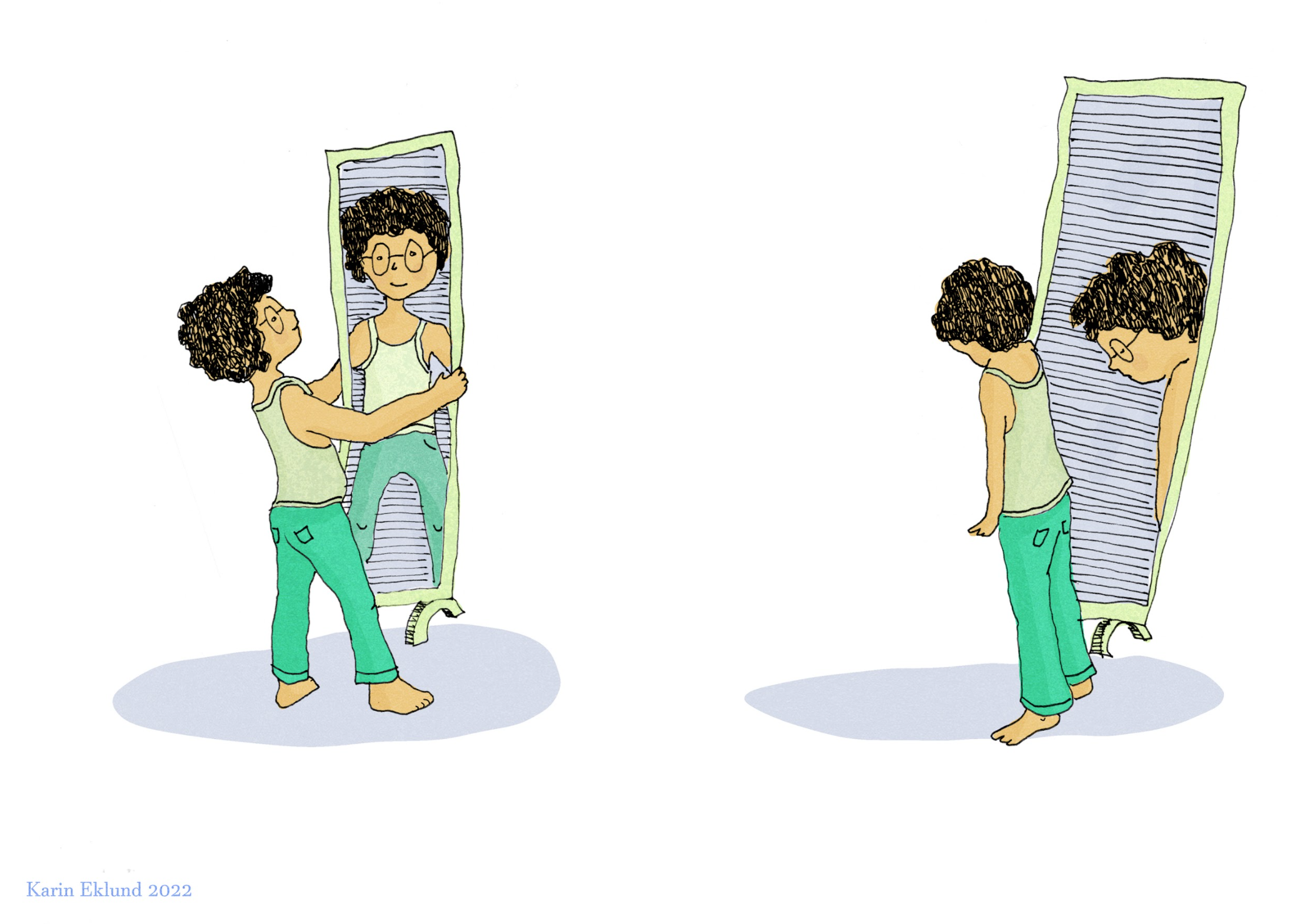 Child looks into a mirror; child looks away from a mirror