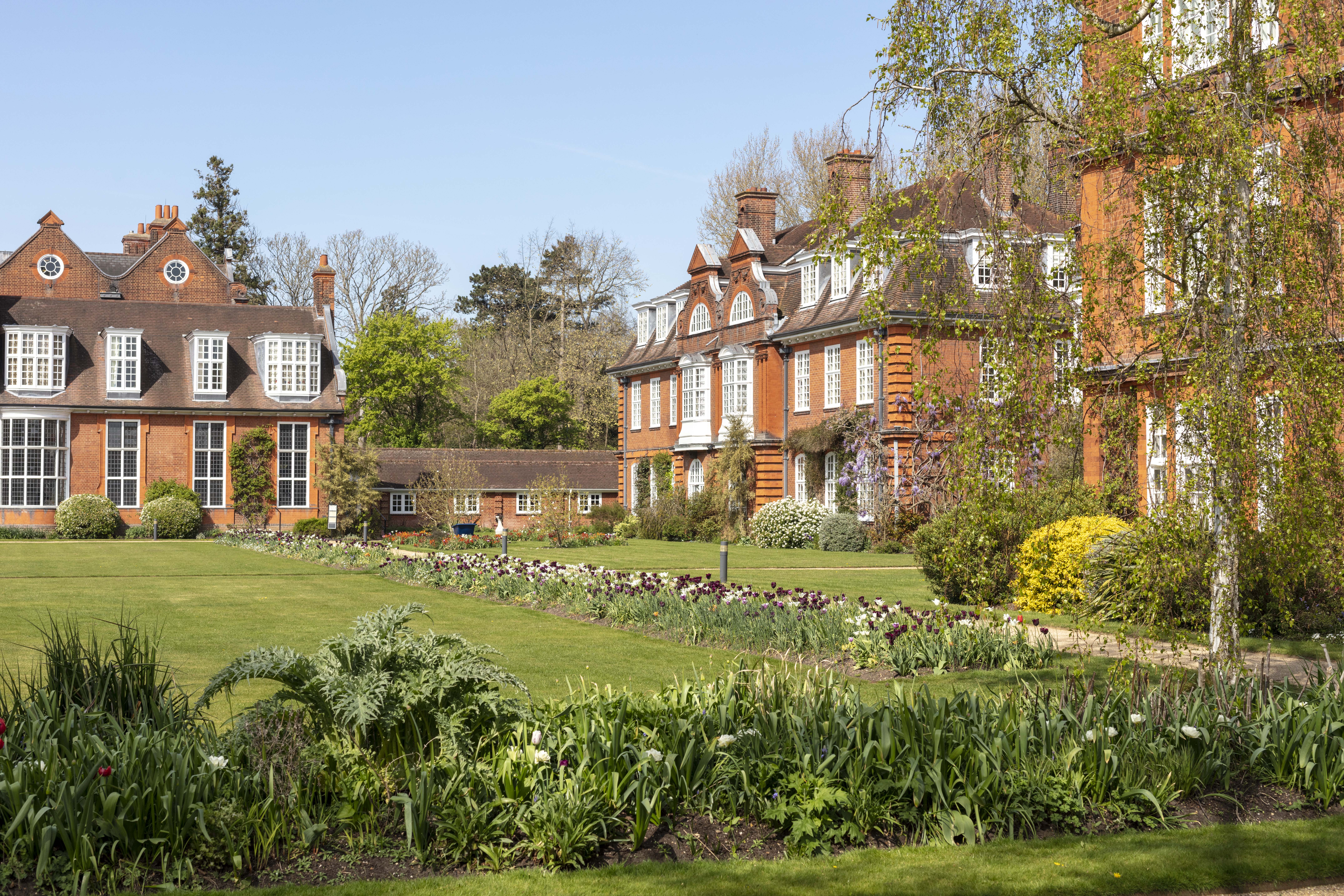 View of gardens with tulips in forefront